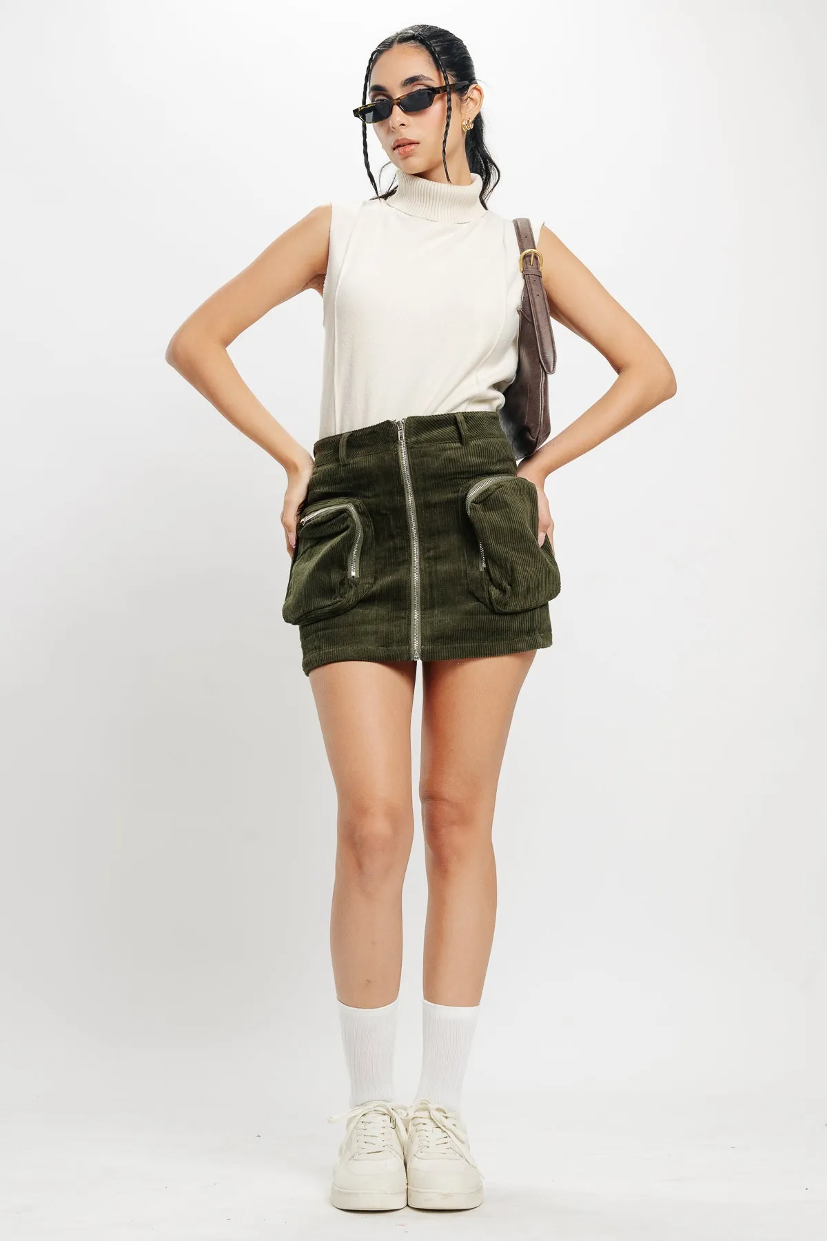 Olive Green Cargo Corduroy Skirt
