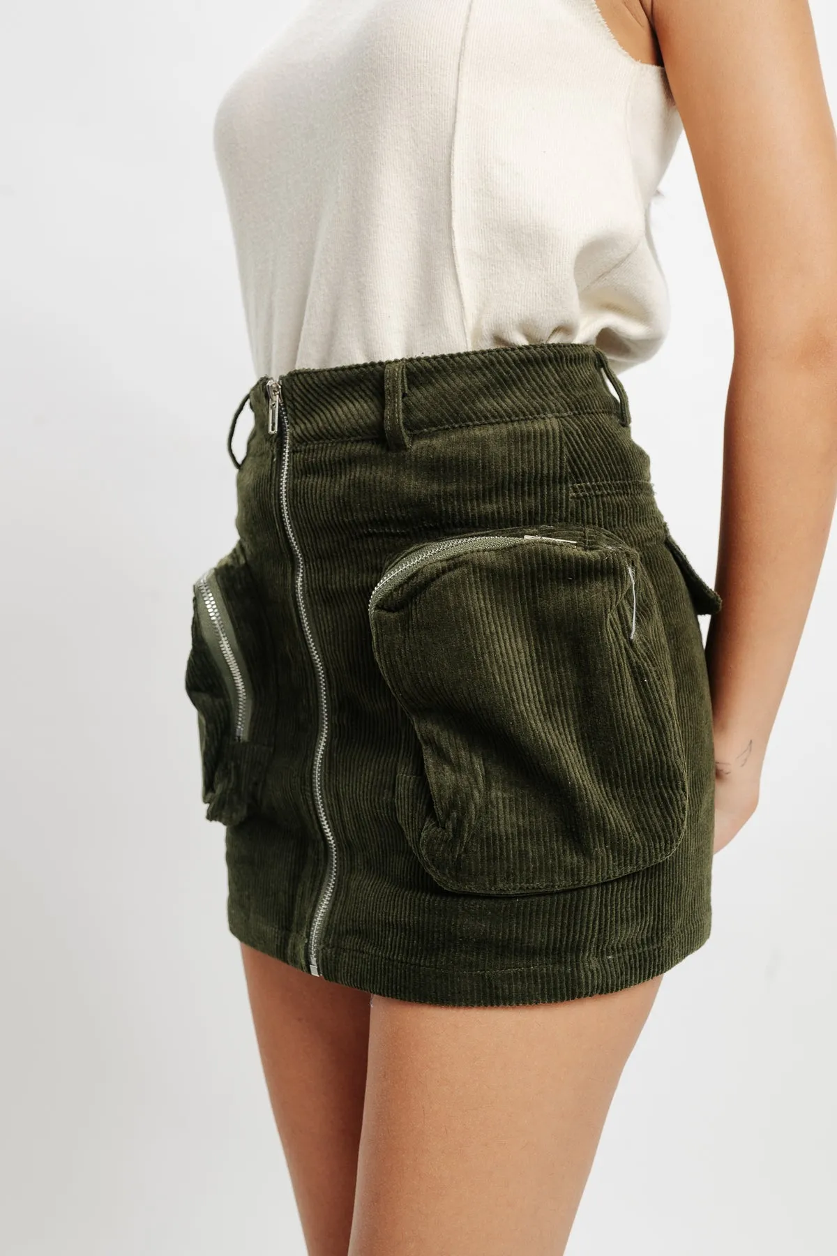 Olive Green Cargo Corduroy Skirt