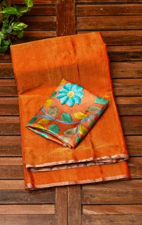 Orange chanderi tissue silk saree with kalamkari blouse