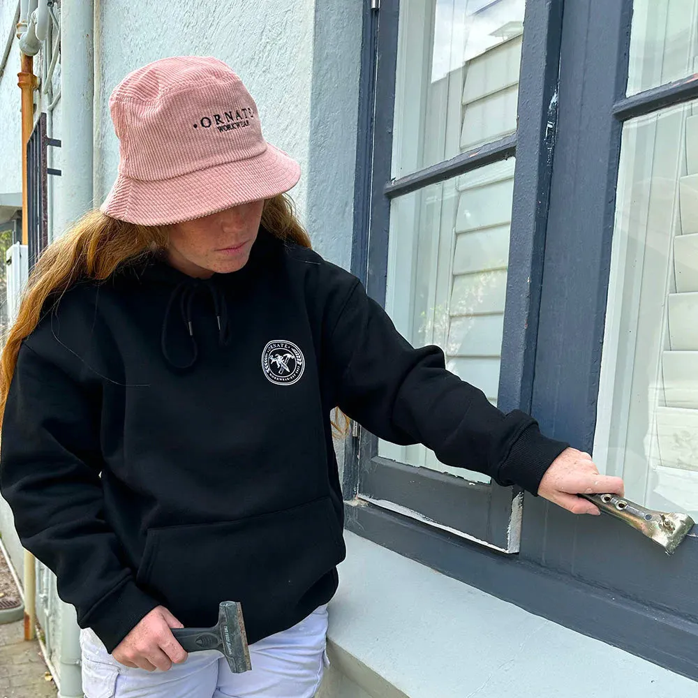 Ornate White Hoodie with Pink Logo