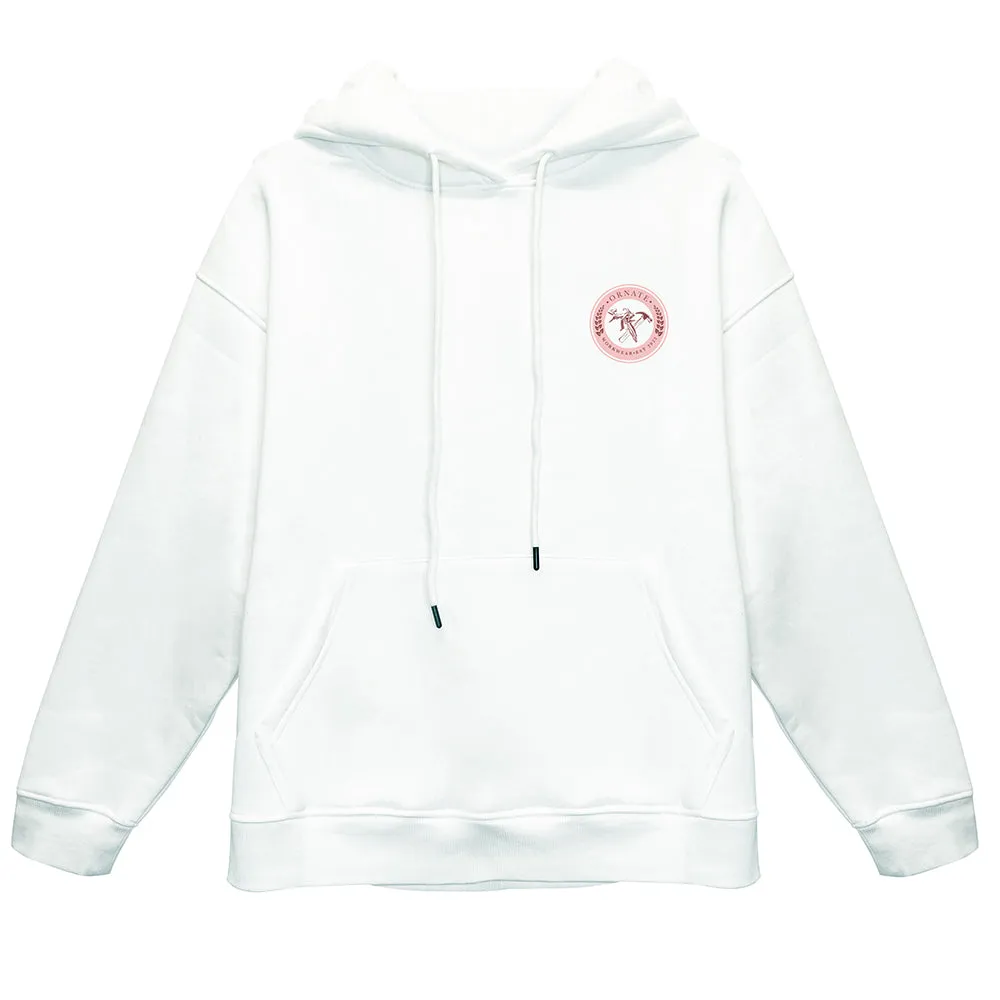 Ornate White Hoodie with Pink Logo