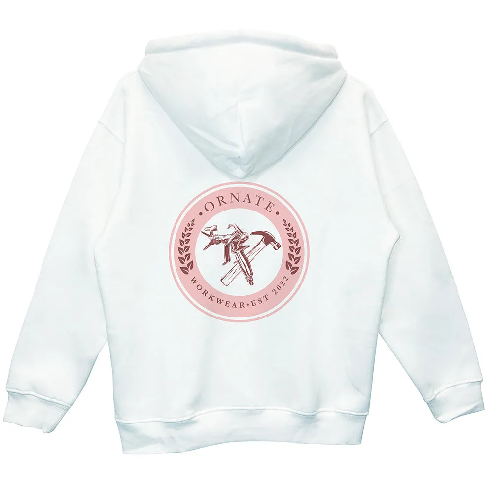 Ornate White Hoodie with Pink Logo