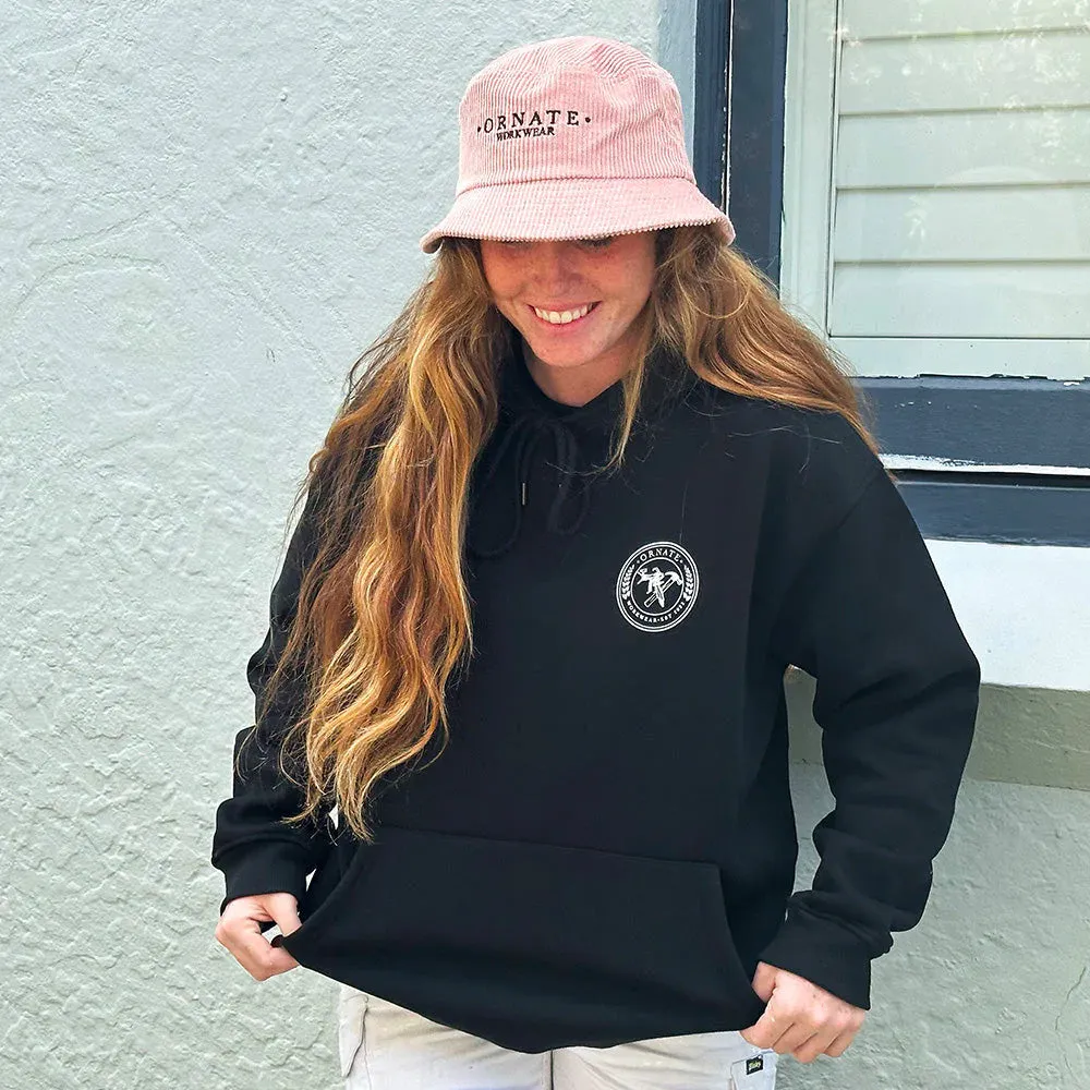 Ornate White Hoodie with Pink Logo