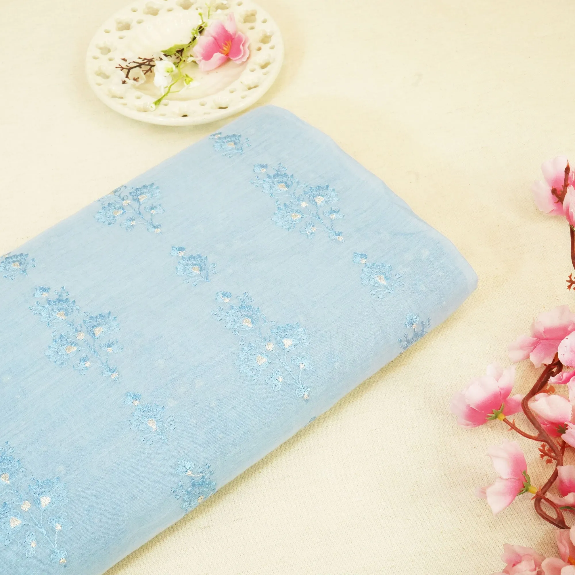 Powder Blue Floral Thread Embroidery Chanderi Fabric SNS-24657