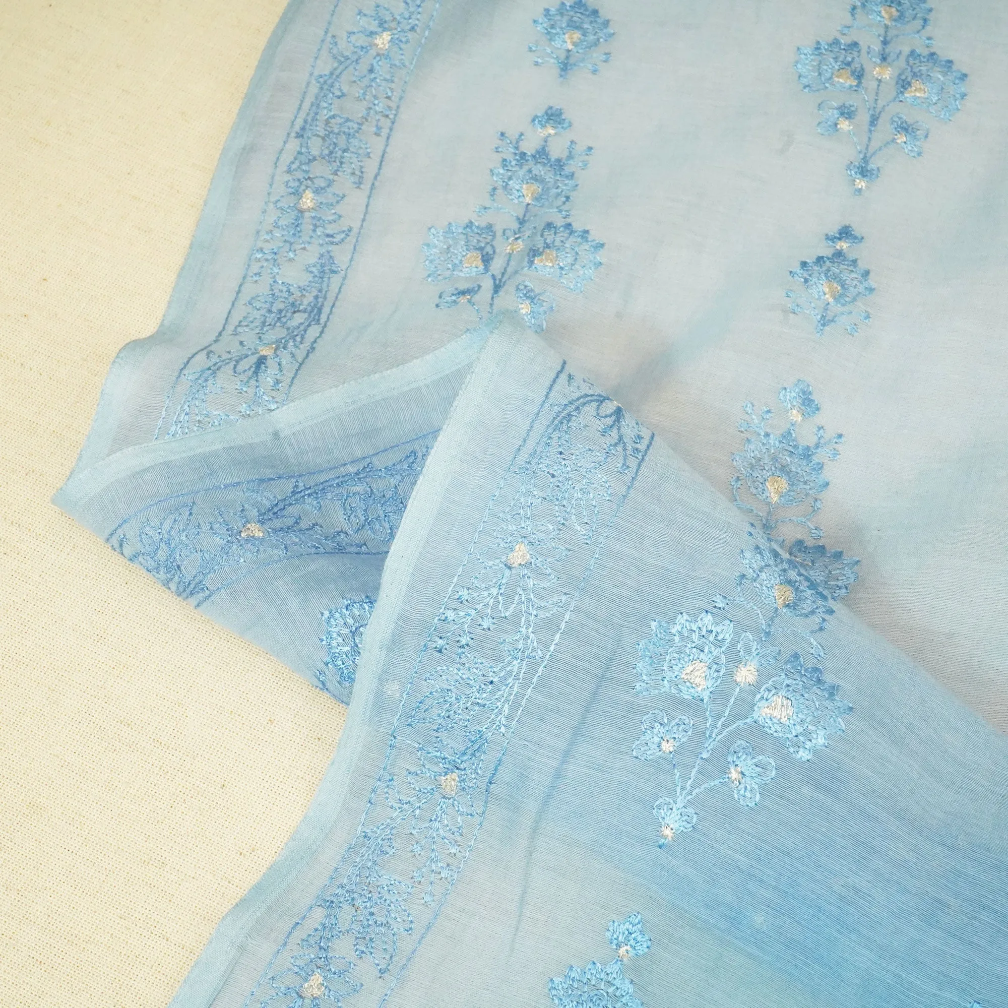 Powder Blue Floral Thread Embroidery Chanderi Fabric SNS-24657