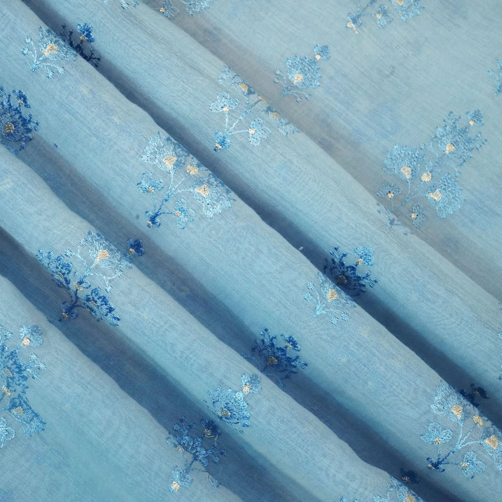 Powder Blue Floral Thread Embroidery Chanderi Fabric SNS-24657