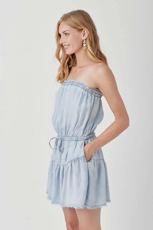 Raw Edge Detail Denim Tube Mini Dress