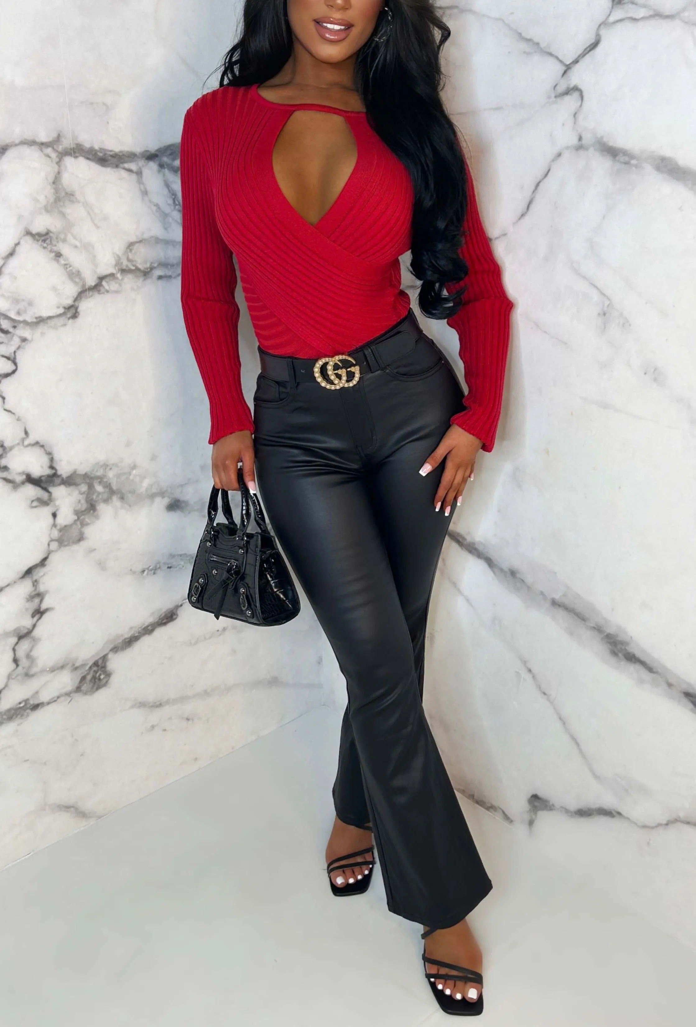 Ready & Waiting Black Stretch Flared Faux Leather Jeans