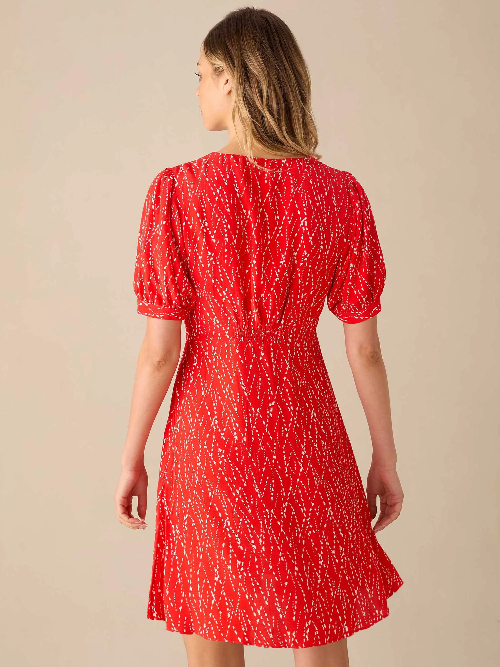 Red Dash Print Shirred Shoulder Short Dress