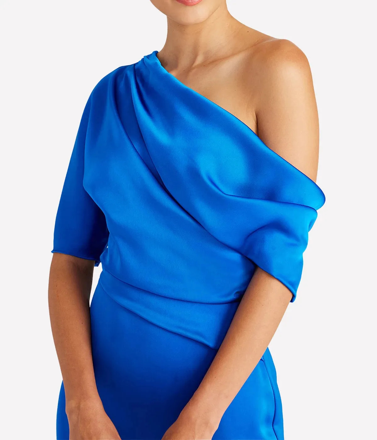 Remi One Shoulder Draped Gown in Brilliant Blue