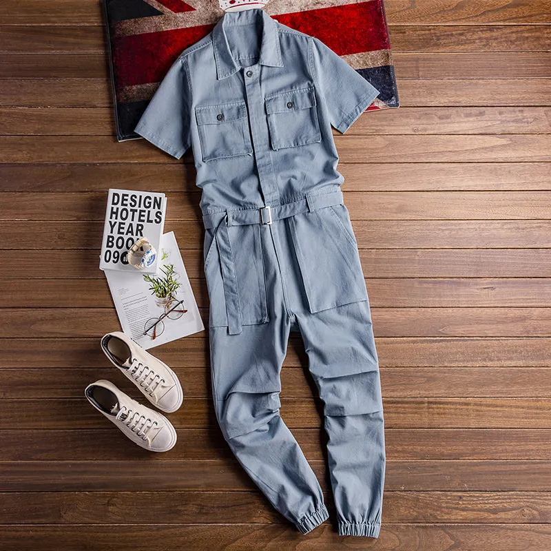 Retro Casual Multi-Pocket Short Sleeve Jumpsuits