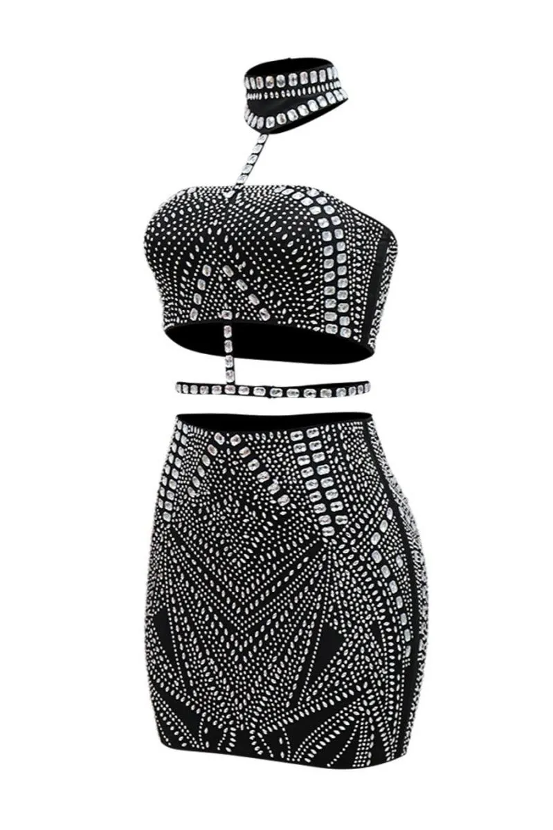 Rhinestone Studded Affair Mini Skirt Set