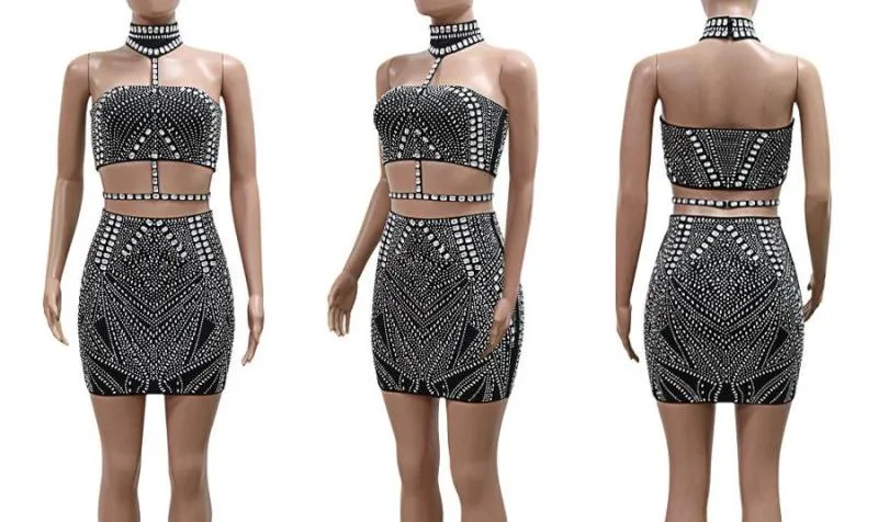 Rhinestone Studded Affair Mini Skirt Set