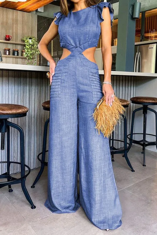Round Neck Ruffle Loose pants Jumpsuit