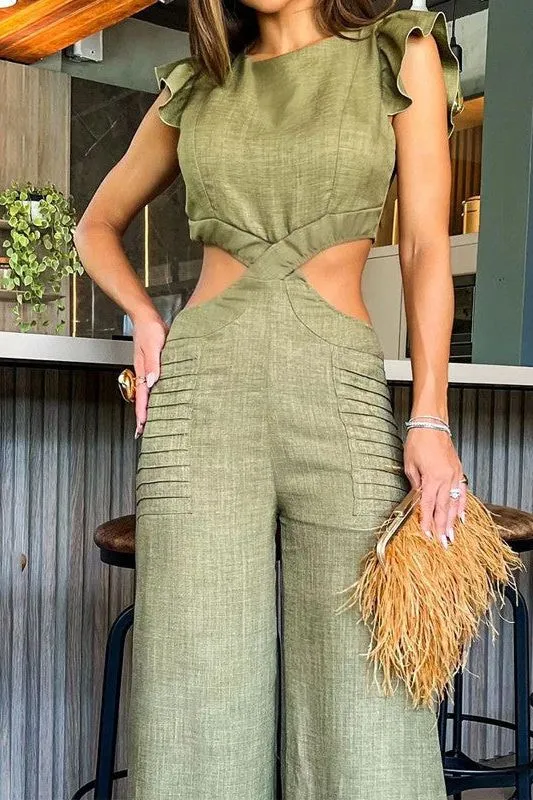 Round Neck Ruffle Loose pants Jumpsuit