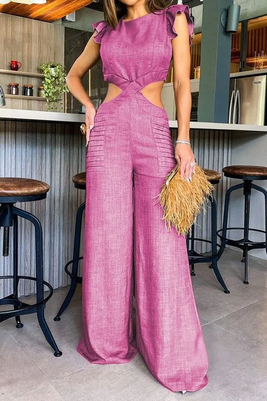 Round Neck Ruffle Loose pants Jumpsuit
