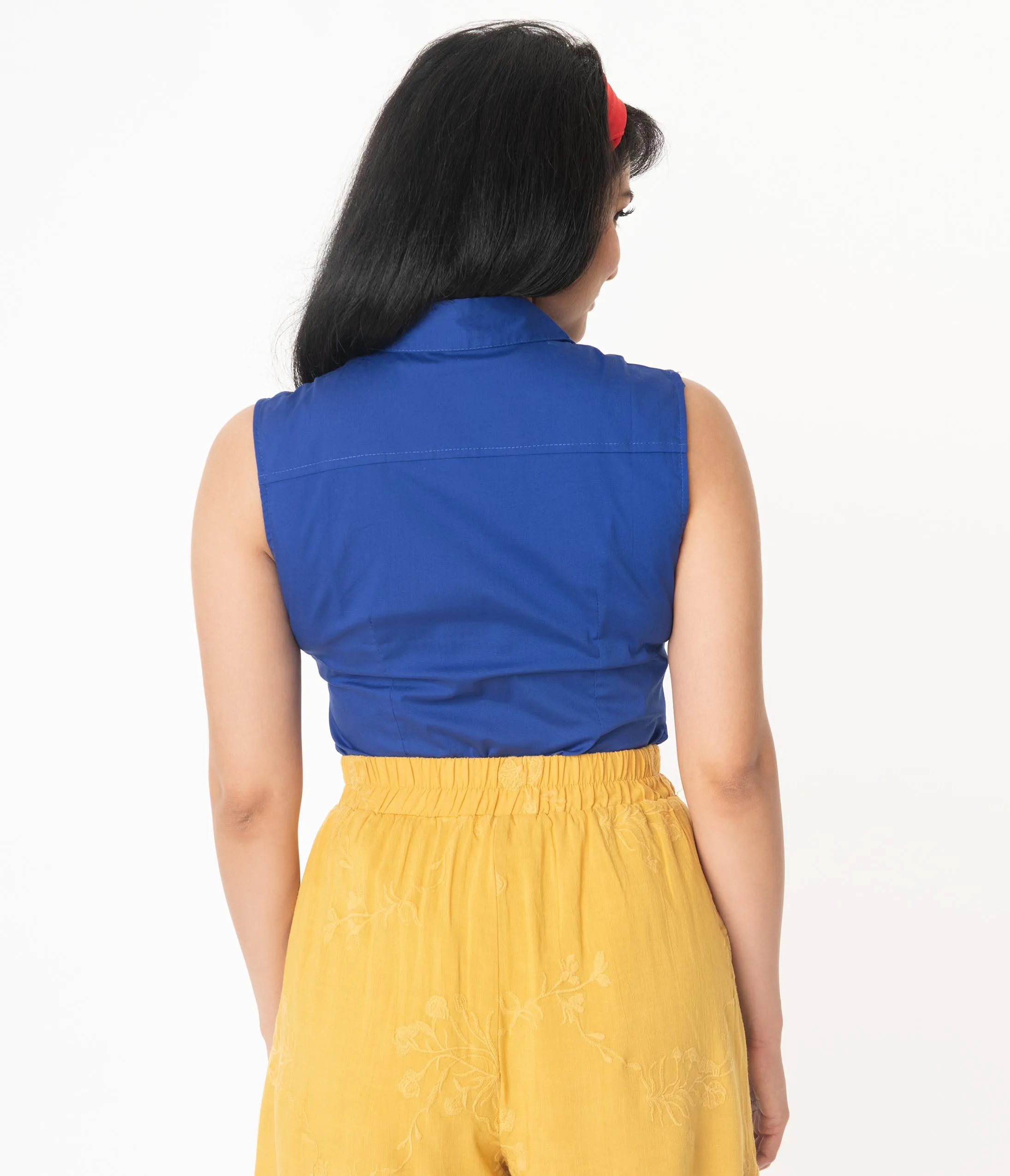 Royal Blue Sleeveless Collared Cotton Button Up Blouse