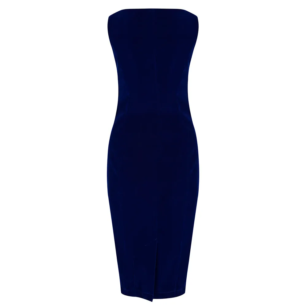 Royal Blue Velour and Lace Trim Sleeveless Wiggle Pencil Dress