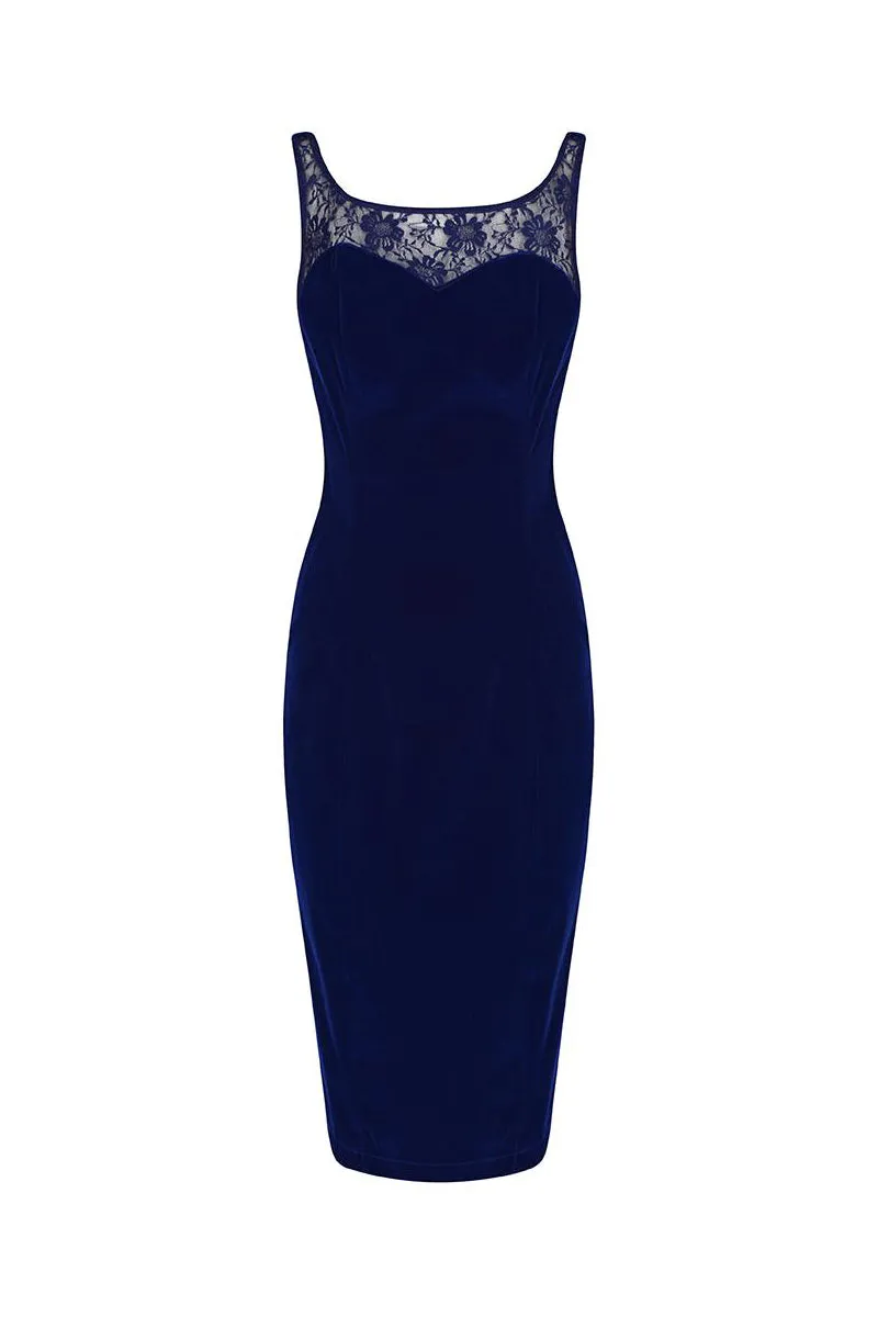 Royal Blue Velour and Lace Trim Sleeveless Wiggle Pencil Dress