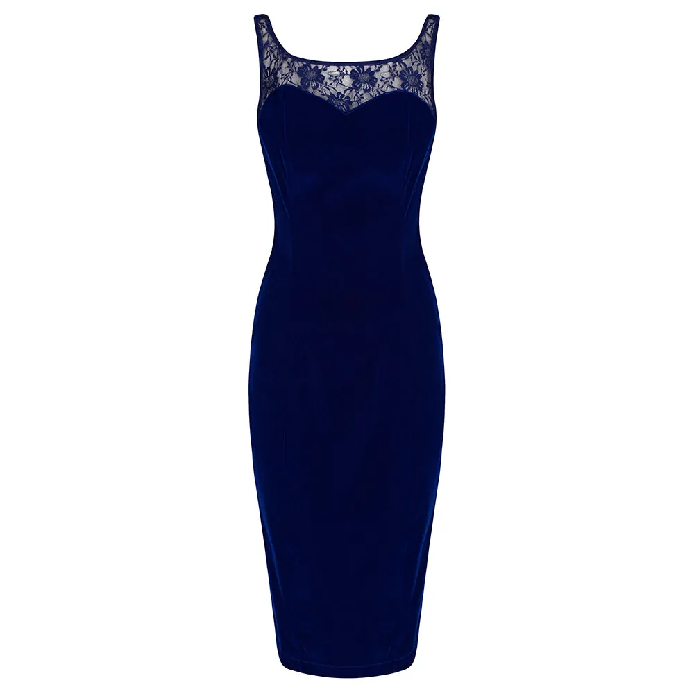 Royal Blue Velour and Lace Trim Sleeveless Wiggle Pencil Dress
