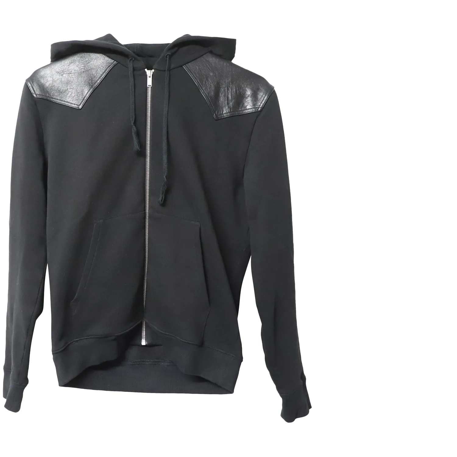 Saint Laurent Zip Up Hoodie Jacket with Leather Detail in Black Cotton
