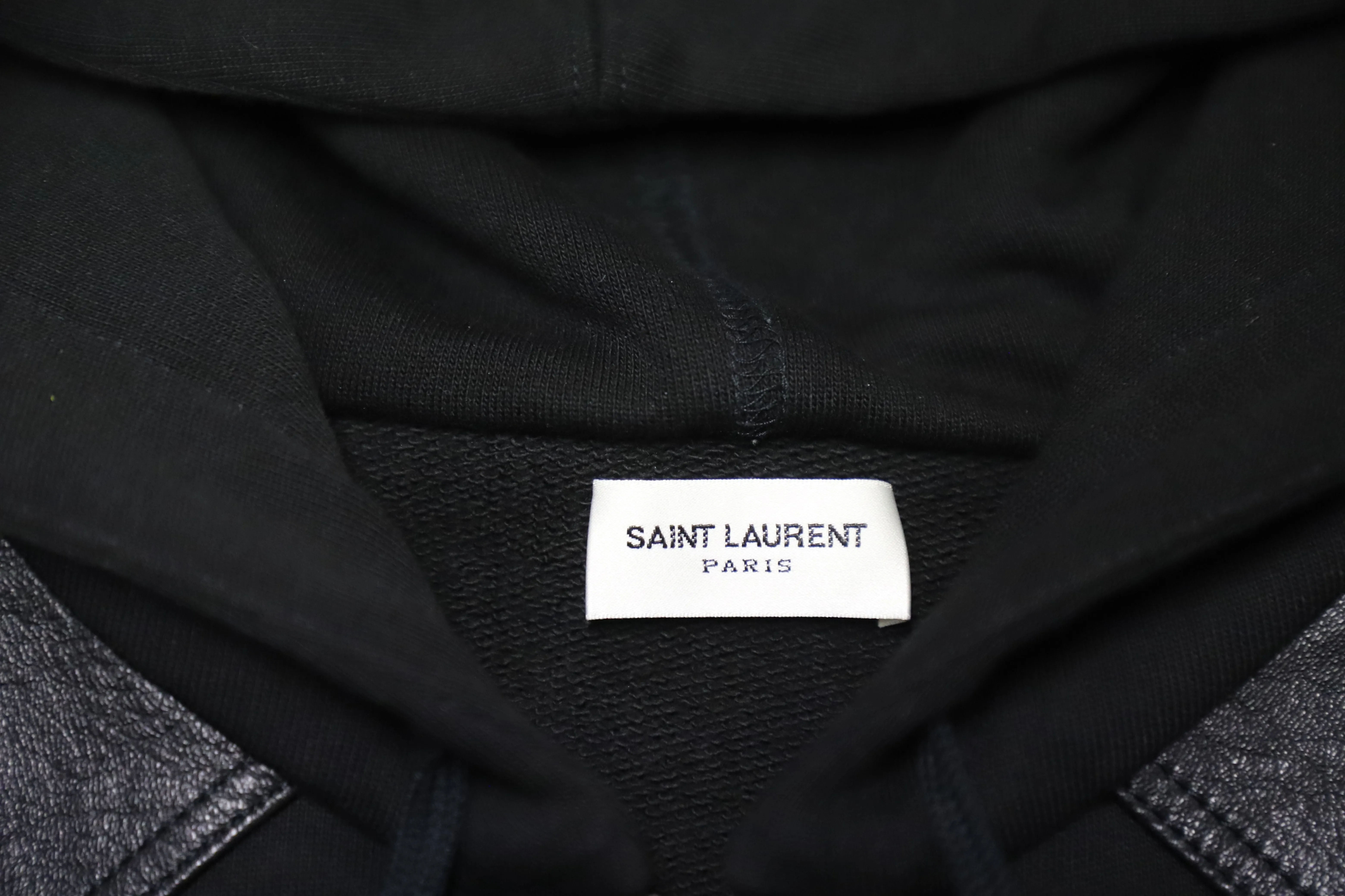 Saint Laurent Zip Up Hoodie Jacket with Leather Detail in Black Cotton