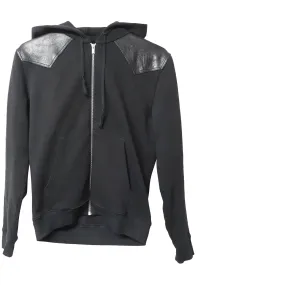 Saint Laurent Zip Up Hoodie Jacket with Leather Detail in Black Cotton
