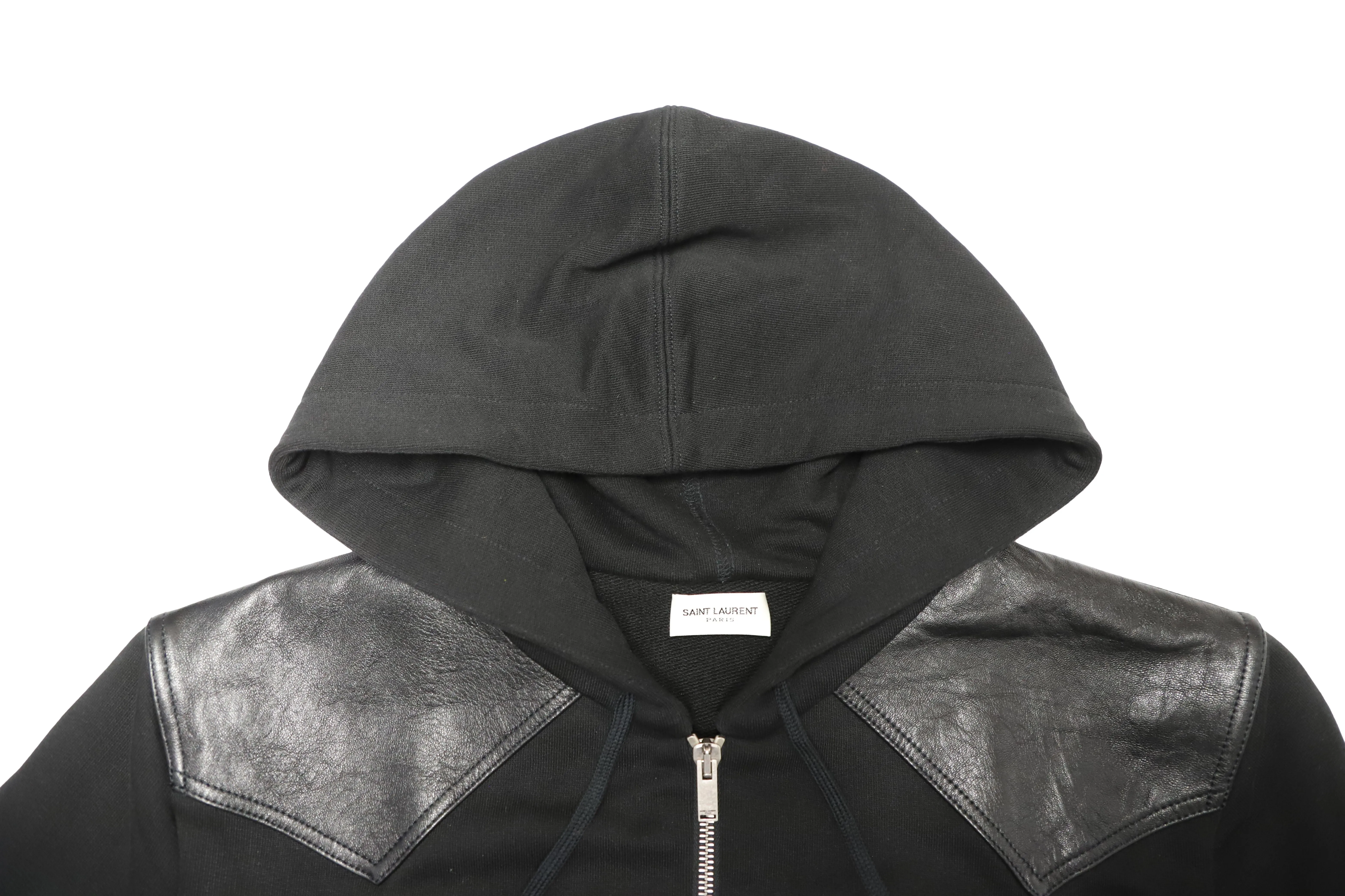 Saint Laurent Zip Up Hoodie Jacket with Leather Detail in Black Cotton