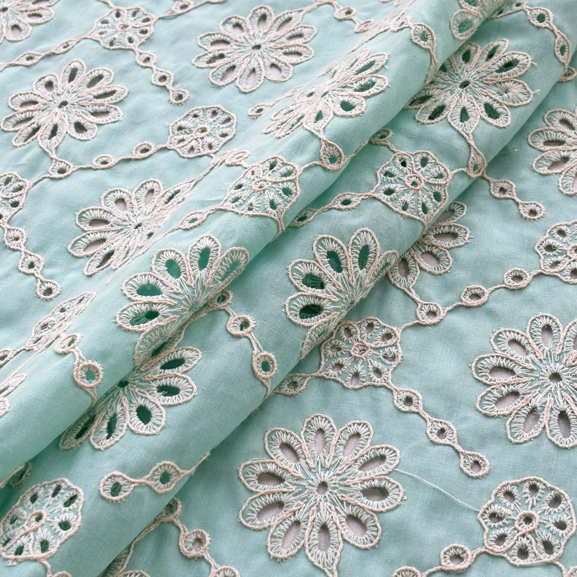 Sea Green Schiffli Embroidery Cotton Fabric DVT-23817