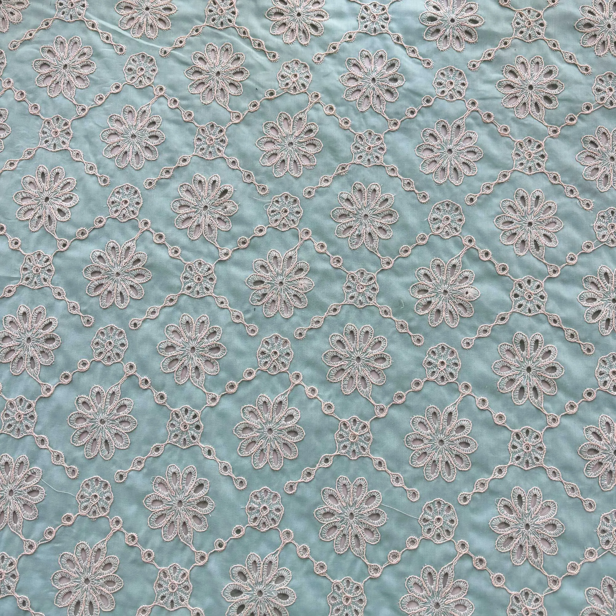 Sea Green Schiffli Embroidery Cotton Fabric DVT-23817
