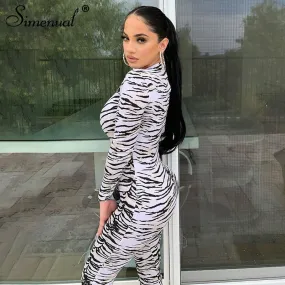 Simenual Print Fitness Bodycon Rompers Womens Jumpsuit Long Sleeve Fashion Party Club One Piece Overalls 2020 Push Up Jumpsuits