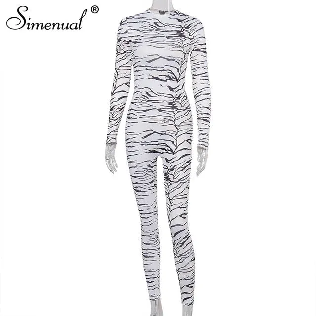 Simenual Print Fitness Bodycon Rompers Womens Jumpsuit Long Sleeve Fashion Party Club One Piece Overalls 2020 Push Up Jumpsuits