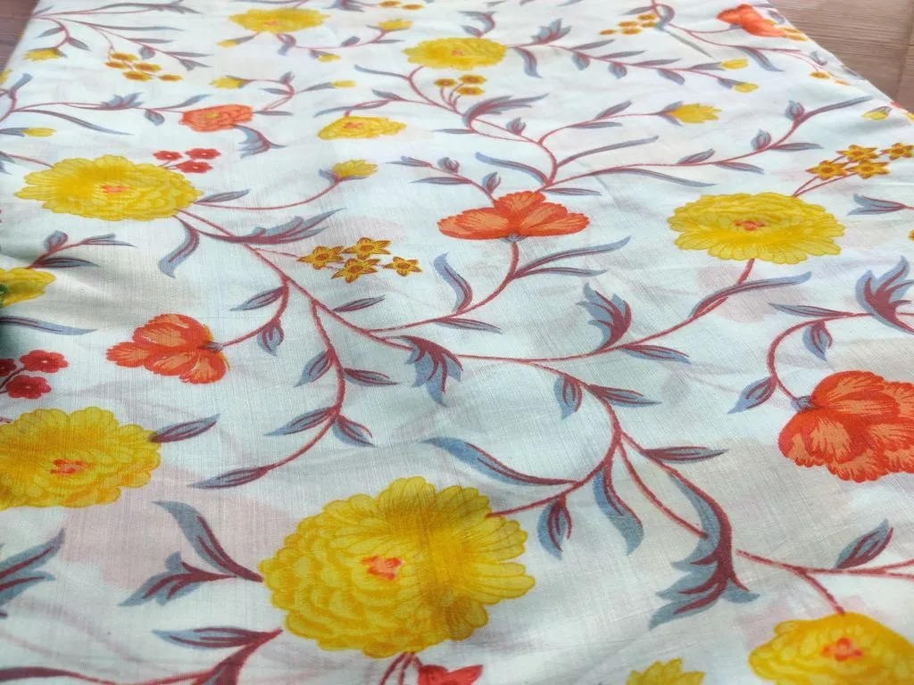 Sky Blue Multicolour Flowers Printed Muslin Cotton Fabric