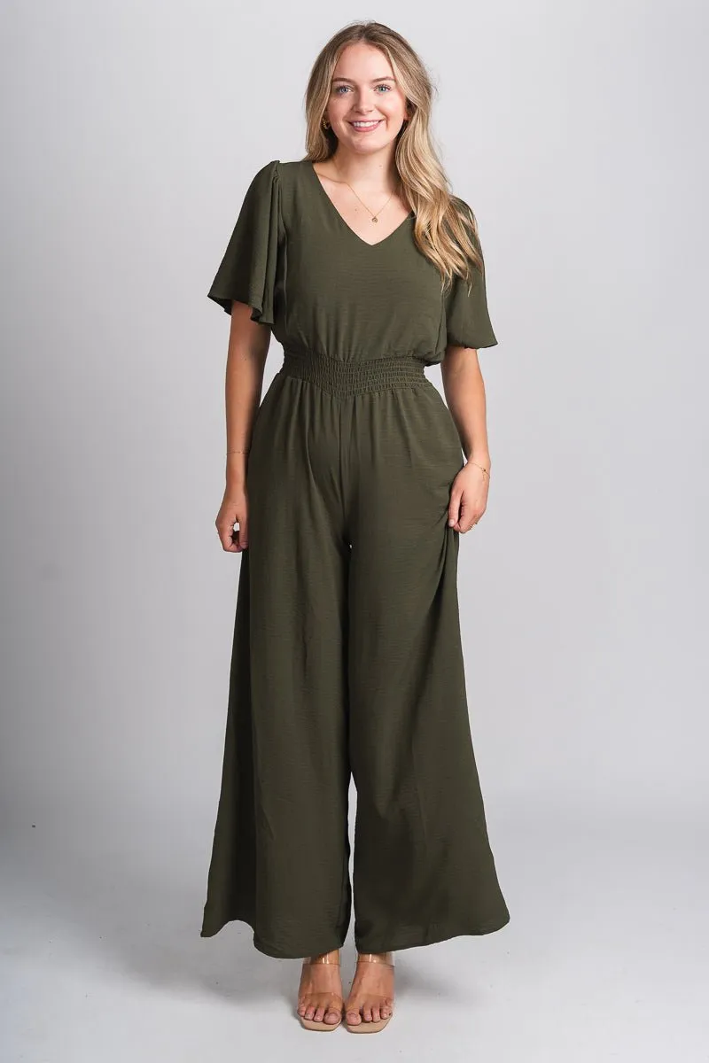 Smocked jumpsuit olive