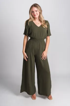 Smocked jumpsuit olive