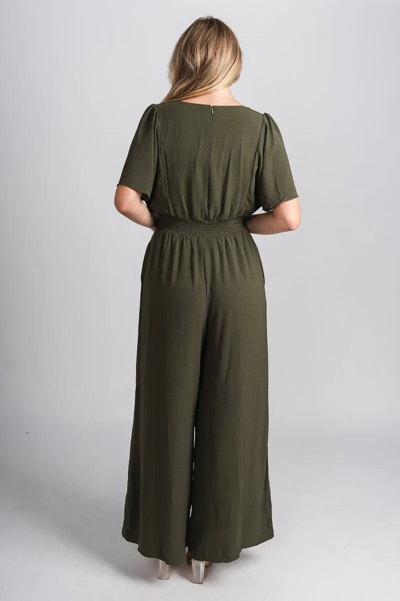 Smocked jumpsuit olive