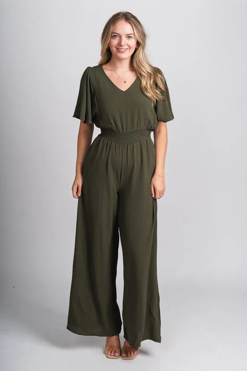 Smocked jumpsuit olive