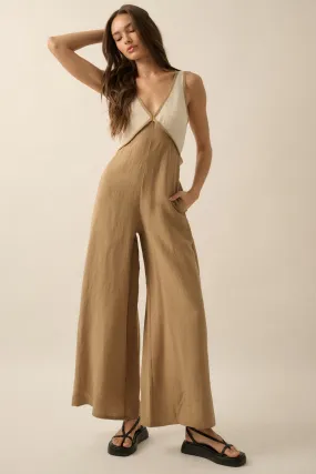 Solid Textured Colorblock Wide-Leg Jumpsuit