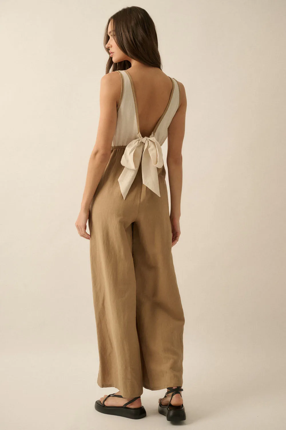 Solid Textured Colorblock Wide-Leg Jumpsuit