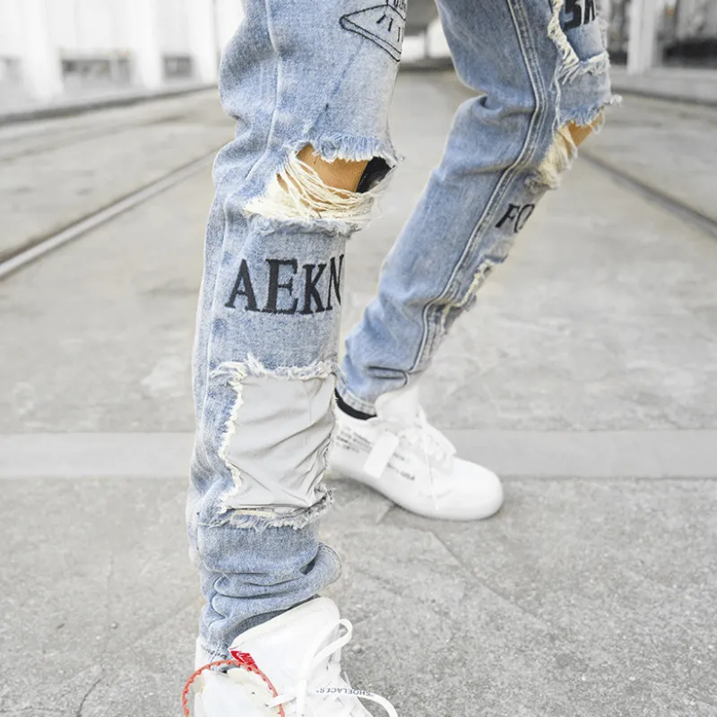 Street Hip Hop Ripped Stacked Jeans