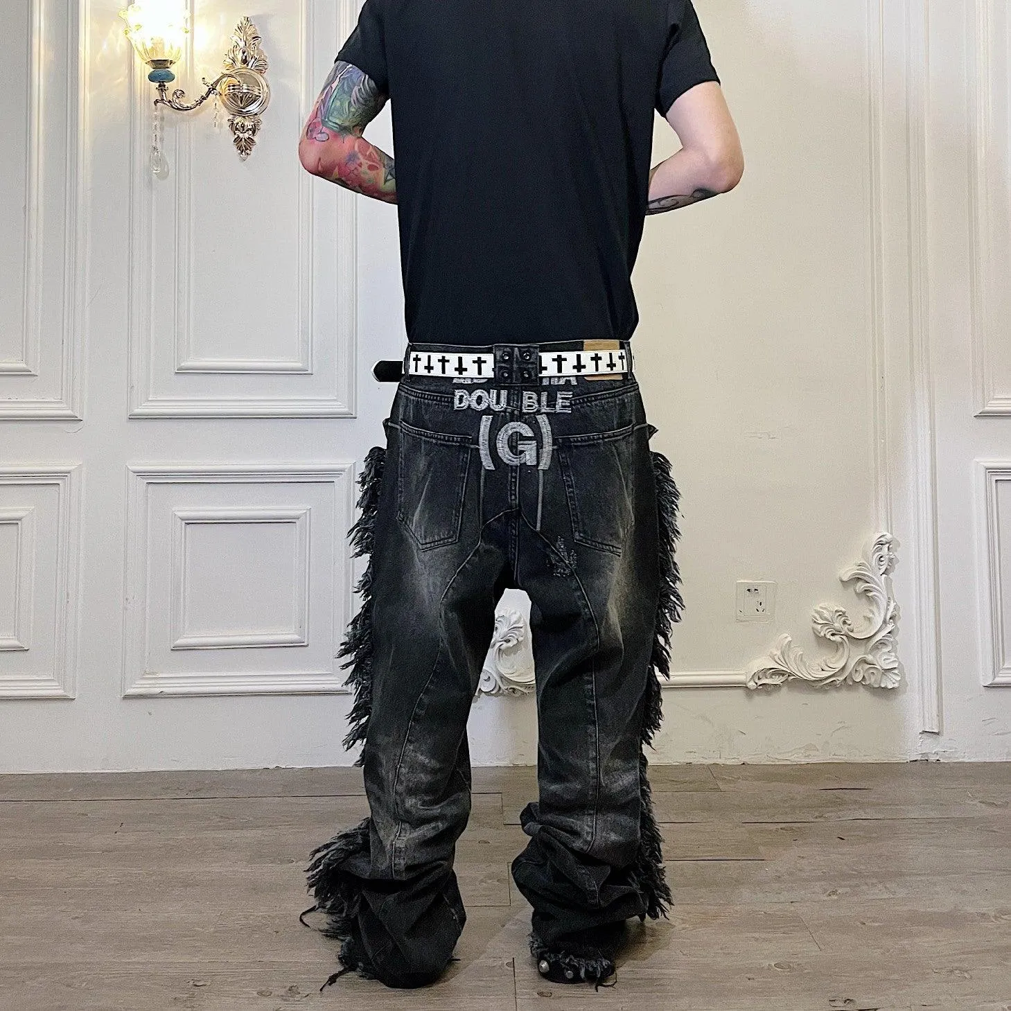 Tassel Destroyed Deconstructed Erosion Embroidery Washed Jeans