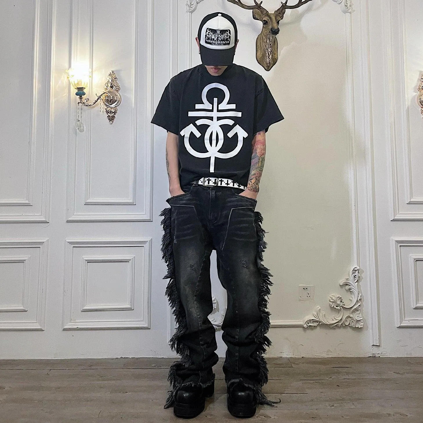 Tassel Destroyed Deconstructed Erosion Embroidery Washed Jeans