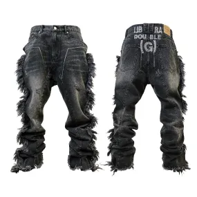 Tassel Destroyed Deconstructed Erosion Embroidery Washed Jeans
