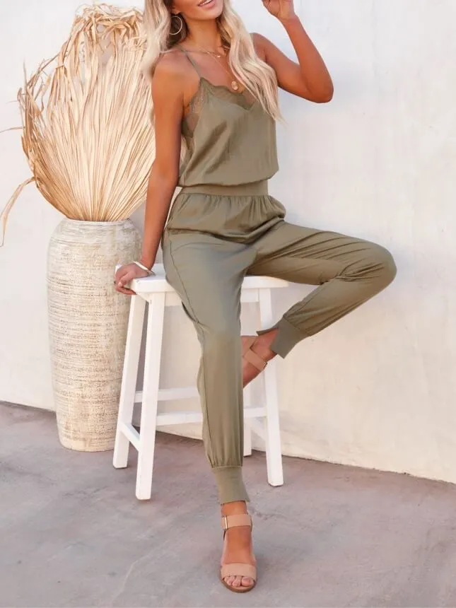 Tencel Pocketed Lace Cami Jumpsuit - Olive