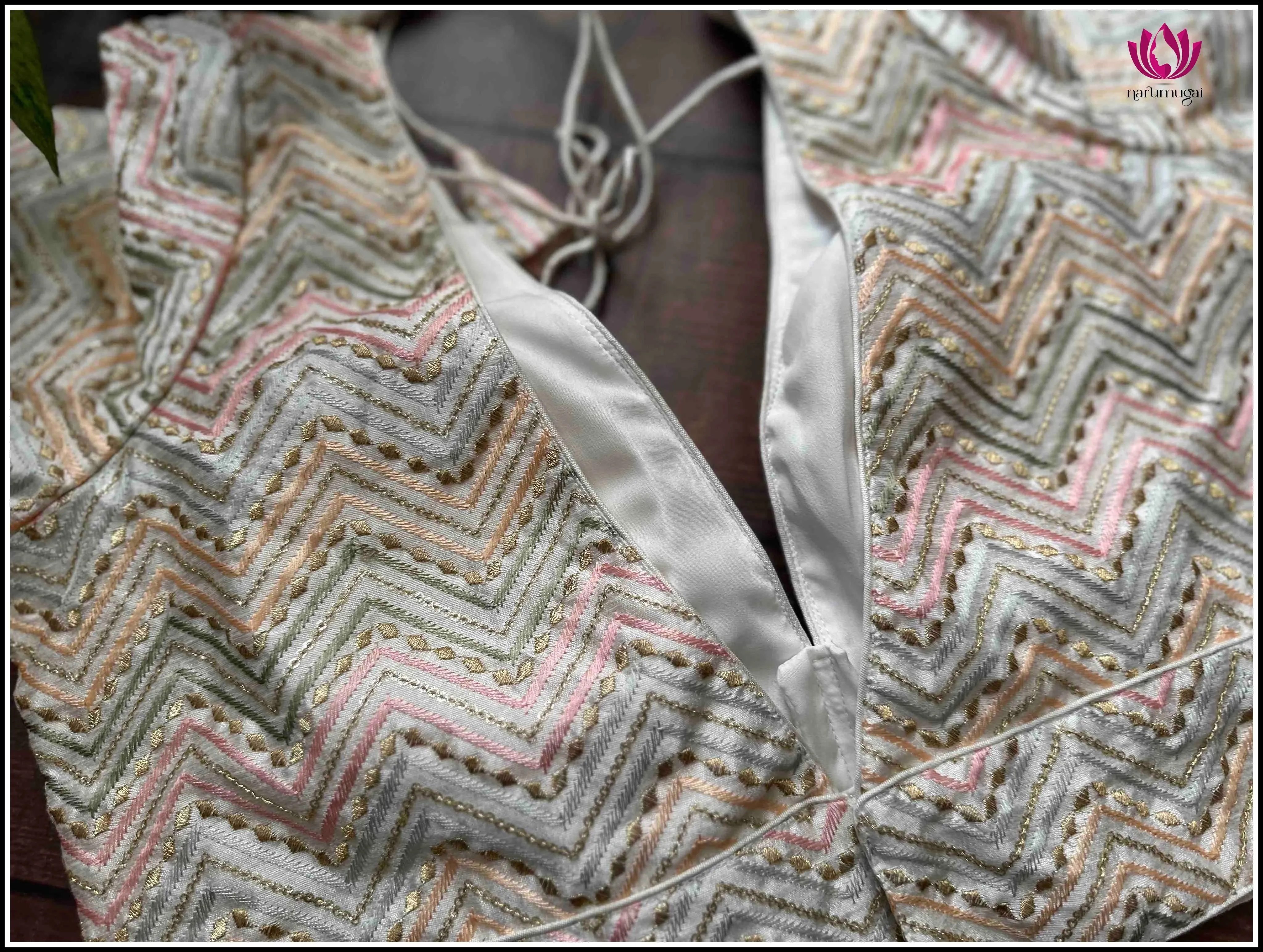 Threadwork Readymade Blouse in Half-white with V-Neck - Size 38