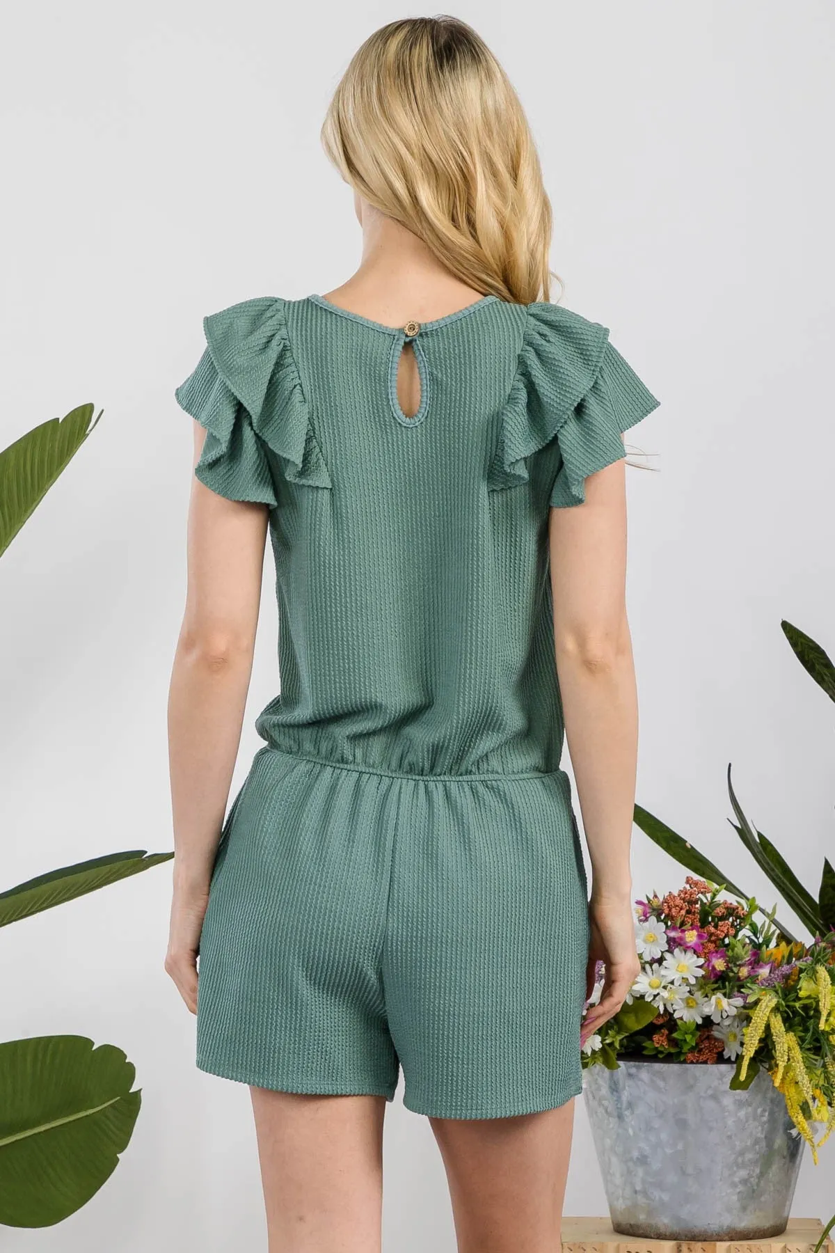 V-Neck Ruffled Ribbed Romper