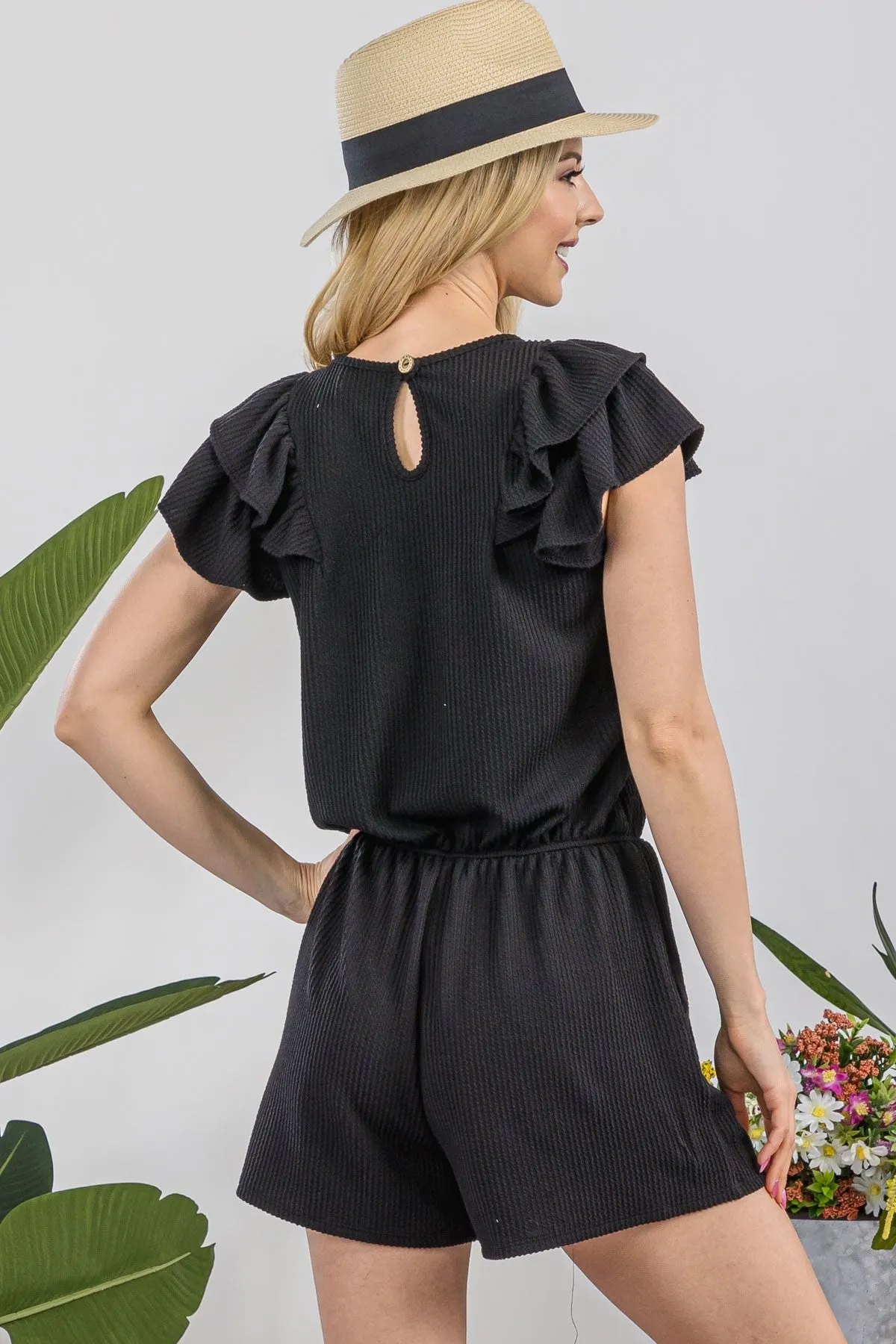 V-Neck Ruffled Ribbed Romper