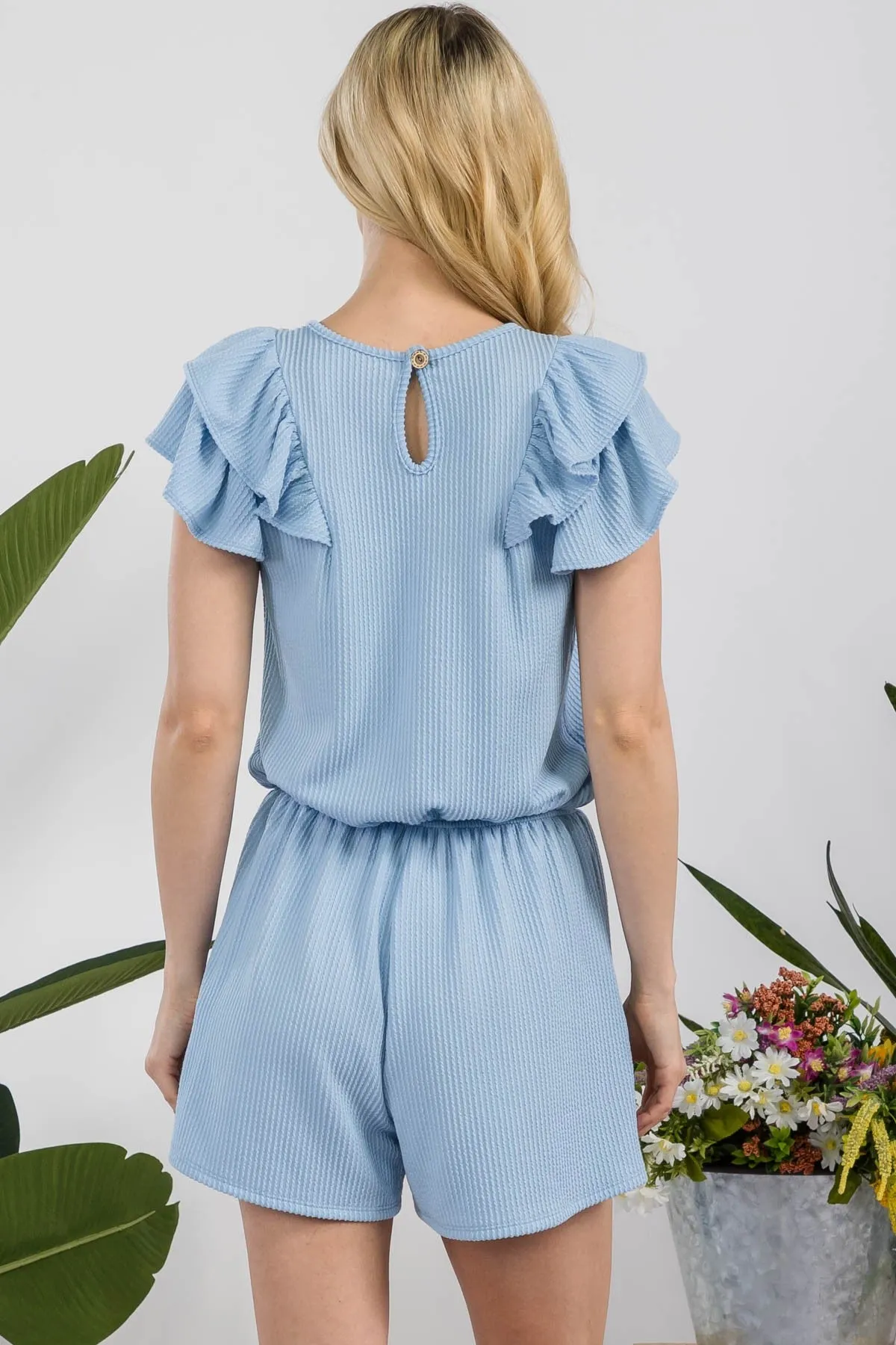 V-Neck Ruffled Ribbed Romper