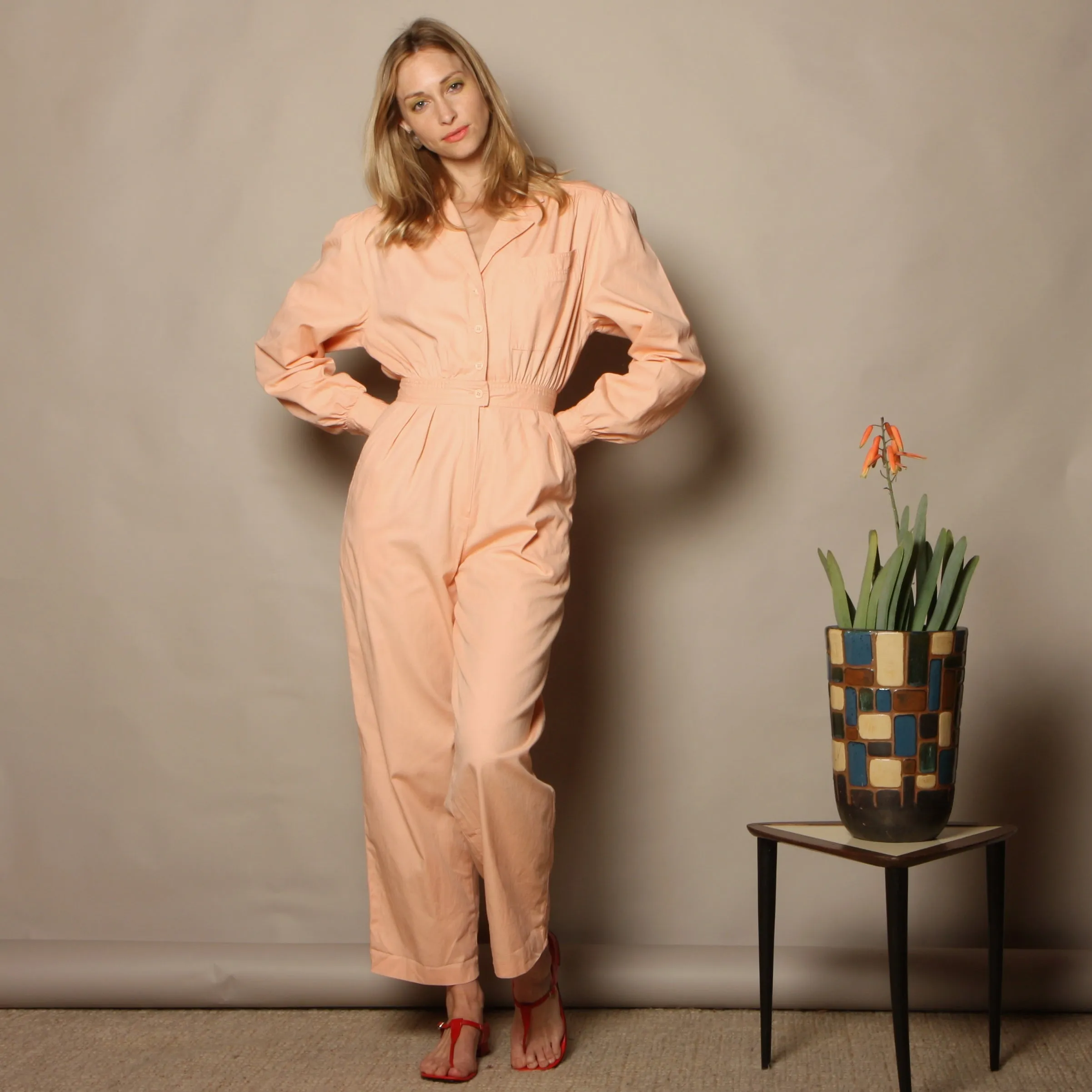 Vintage 70s Saks Fifth Ave Blush Cotton Jumpsuit