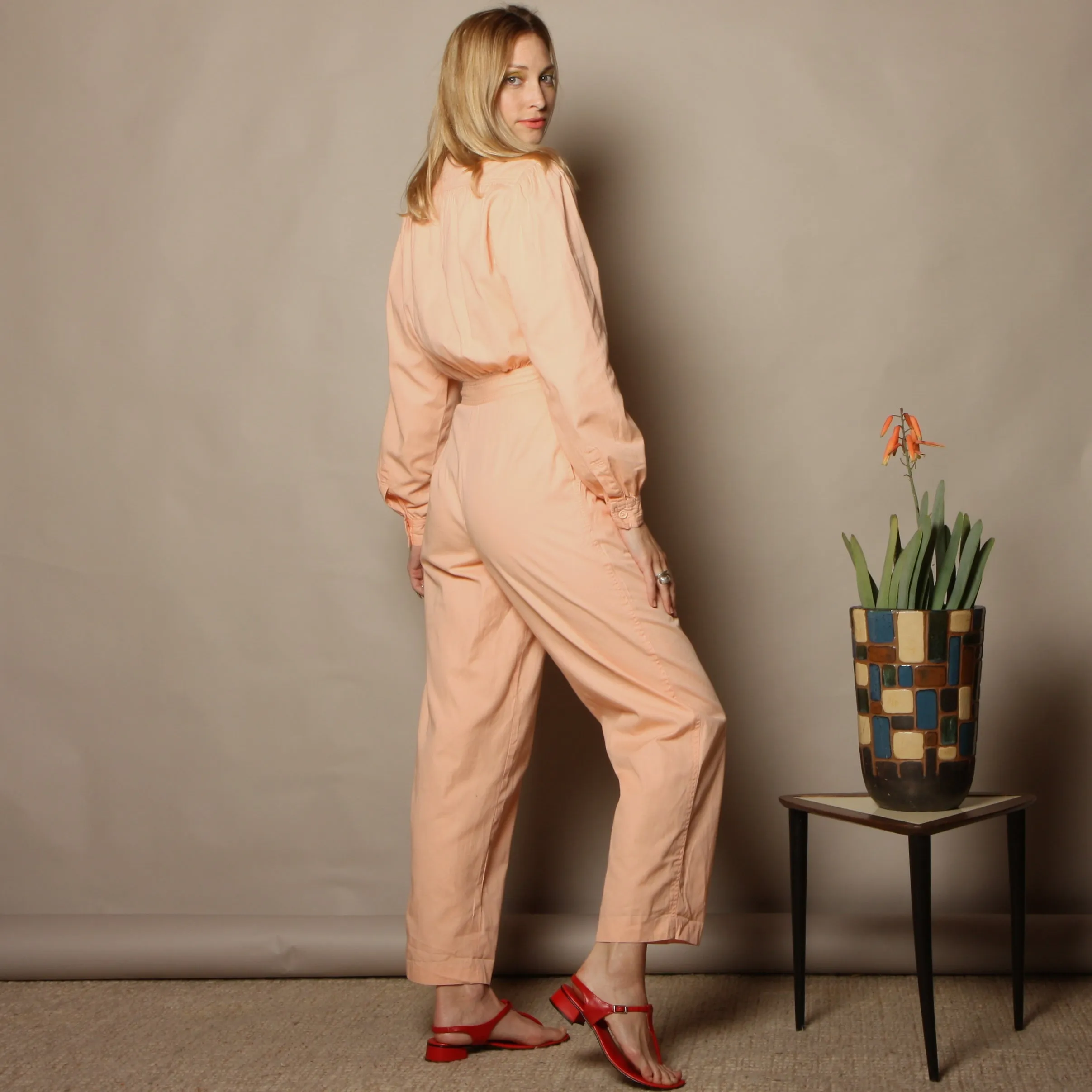 Vintage 70s Saks Fifth Ave Blush Cotton Jumpsuit